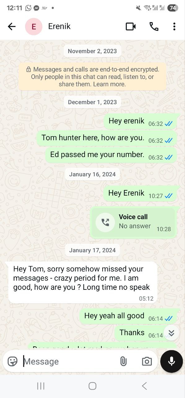 WhatsApp screenshot 1 with Erenik Yzeiraj discussing account status