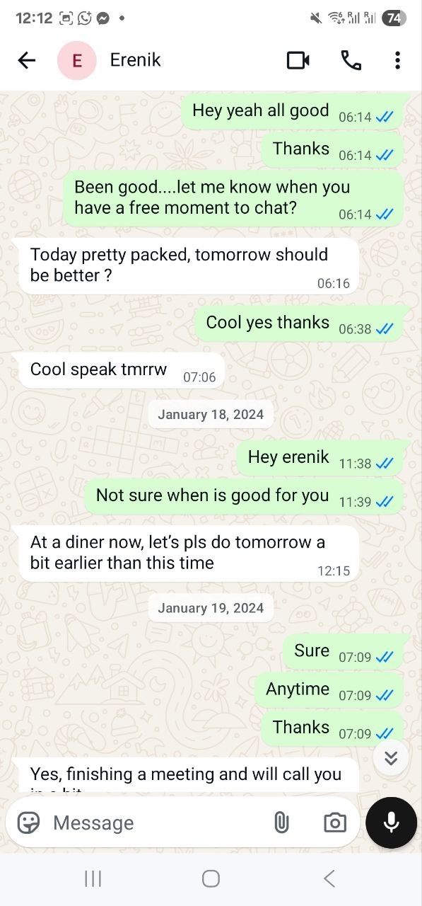WhatsApp screenshot 2 with Erenik Yzeiraj following up on the liquidation claim